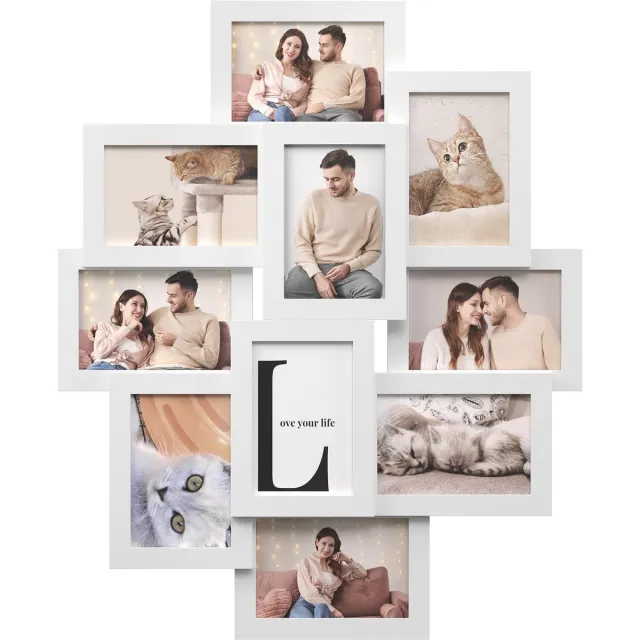 Songmics Lijst - Fotolijst - Voor 10 Foto's van 10 x 15 cm - Gemaakt van MDF - Montage Nodig Wit
