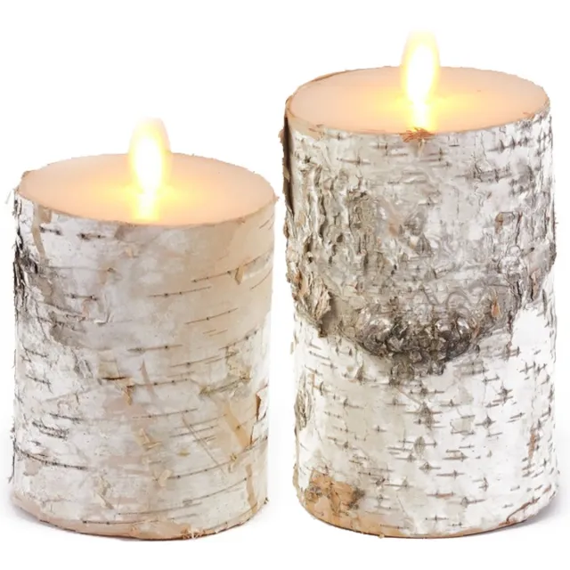 Anna's Collection LED kaarsen/stompkaarsen - set 2x - wit berkenhout - H10 en H12,5 cm - bewegende vlam
