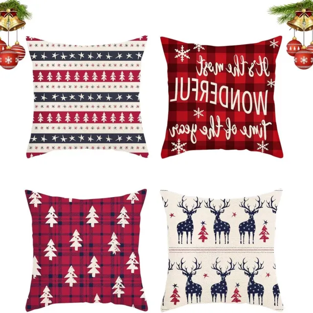 JGS Premium - Set van 4 fluwelen kussenslopen 45 x 45 cm - kerstdecoratie - bankkussen - slaapkamer - woonkamer - hertenboomprint Rood