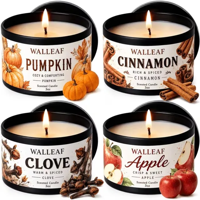 Vrients Essentials Geurkaarsen Set Herfst - 4 stuks - 4 Geuren - Cinnamoon - Pumpkin - Clove - Apple - Blikkaarsen - Cadeauset zwart