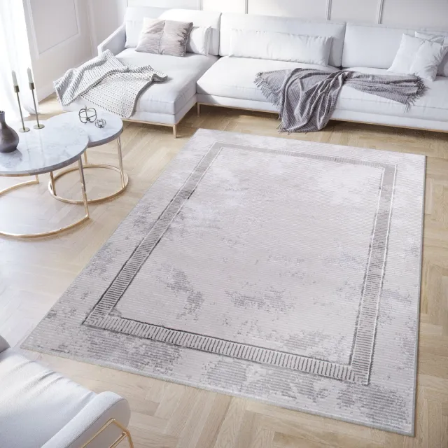 Tapiso Crystal Vloerkleed Grijs Frame Laagpolig Modern Tapijt Donkergrijs