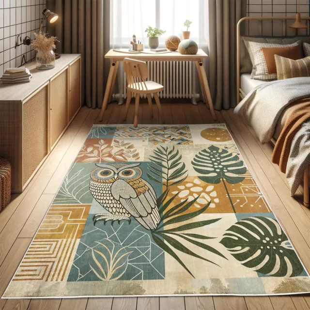 ABAKUHAUS Vloerkleed - Woonkamer Tapijt – tropische bladeren en uil – 60 x 152 cm – jadegroen amber