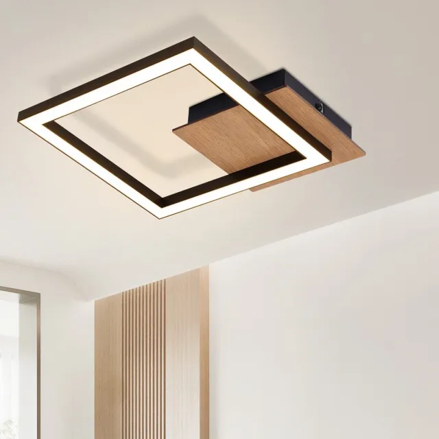 NETTLIFE Plafondlamp LED - Hout - vierkant - 3000K Warm wit Licht - modern Woonkamerlamp - voor Slaapkamer | Keuken | Gang - 12W Zwart