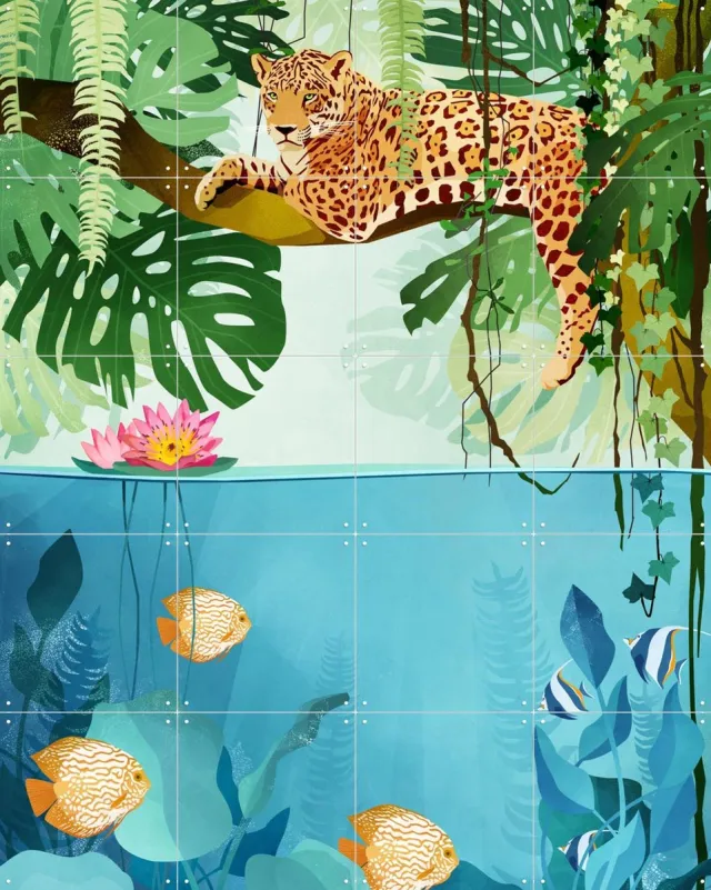 IXXI Welcome to the Jungle, Goed Blauw - 80 x 100 cm - Grote wanddecoratie en posters - Digitale Kunst, Illustraties, Gemengde Technieken, Kleurrijk Oranje / Blauw / Groen / Roze