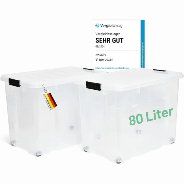 Novaliv 2x opbergdozen met deksel, groot, 80L, transparant, nestbaar, stapelbaar met clipsluiting, rolboxen, kunststof, BPA-vrij, 61x40x45 cm