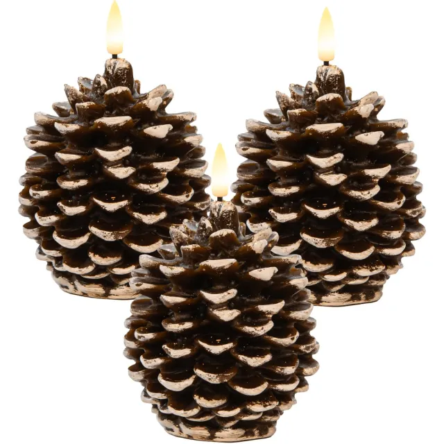 Anna's Collection LED dennenappel kaars - 3x - bruin - 10 x 8.5 cm - met timer