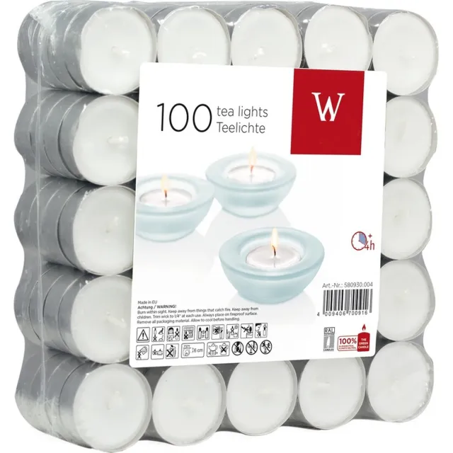 Trend Candles Theelichtjes/waxinelichtjes - 100 stuks - wit - 4 branduren - Geurloze kaarsen