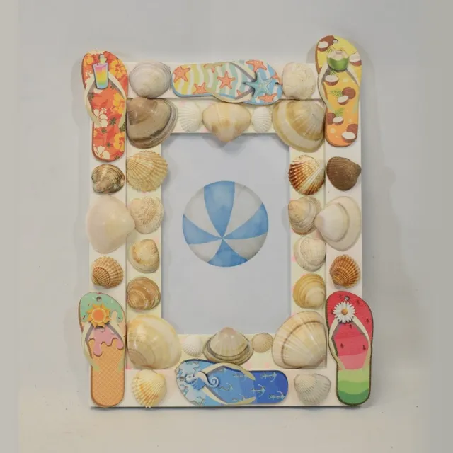 ZoeZo Design fotolijst - fotolijstje - strand - zee - schelpen - nautisch - hout - echte schelpen - 19 x 24 cm - voor foto van 9 x 14 cm - kan vrij staan blauw - beige - natuurtinten