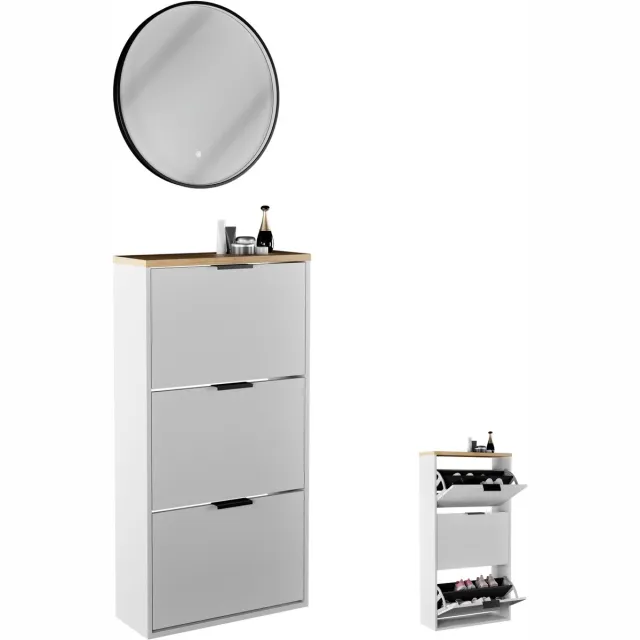 Planetmöbel STIVIO - Schoenenkast 60 cm met LED-spiegel - Goud eiken - 3 kleppen - 2-delig