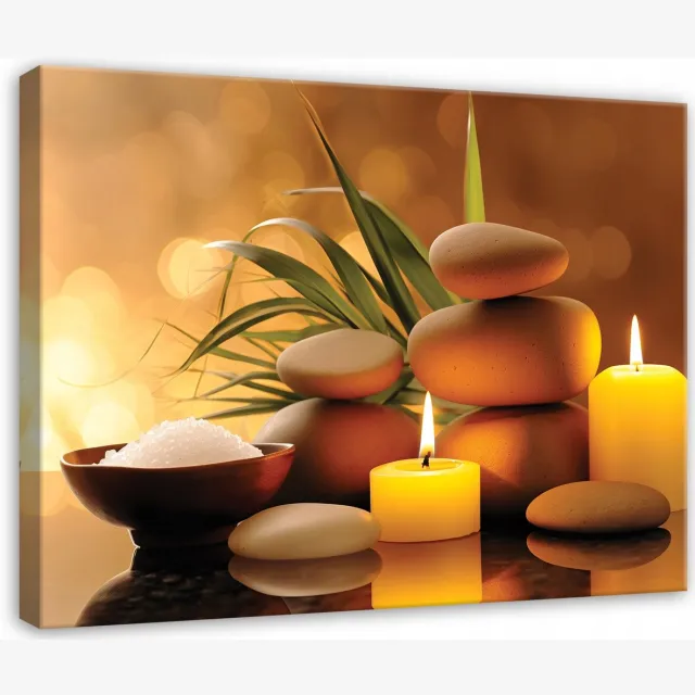 WALLARENA Schilderij op canvas - 100x70 cm - spa stenen en kaarsen - wellness wanddecoratie voor badkamer, spa en massageruimte Veelkleurig