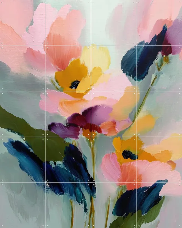 IXXI Blush Florals With Midnight Leaves, Branka Kodžoman - 80 x 100 cm - Grote wanddecoratie en posters - Modern, Kleurrijk, Kwaststreken, Speels Groen / Blauw / Roze / Geel