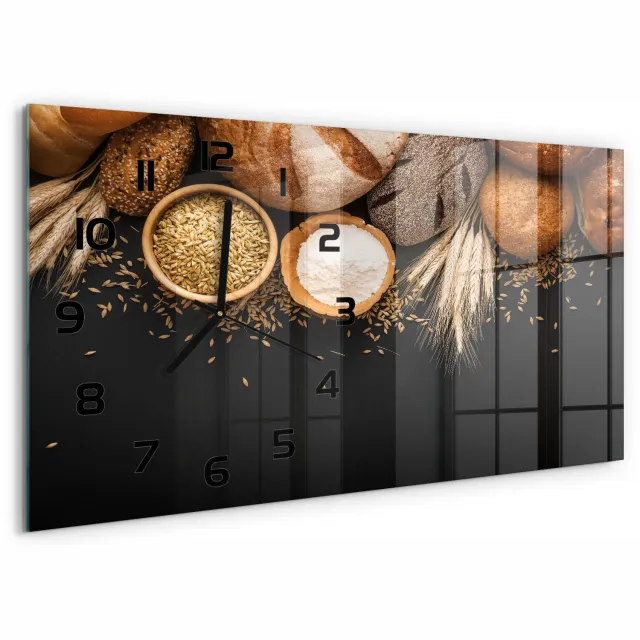TULUP Wandklok - Brood en tarwe Klok Glas Met Opdruk - 60x30 cm - Bruin Moderne Wandklok Glas - Zwarte handen - Rechthoekige Klok - Decoratieve Glazen Klok - Glazen Wandklok Design