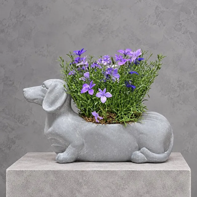 Seta Fiori Teckel bloempot met paarse kunstplant – grijs – Seta Fiori rood en groen