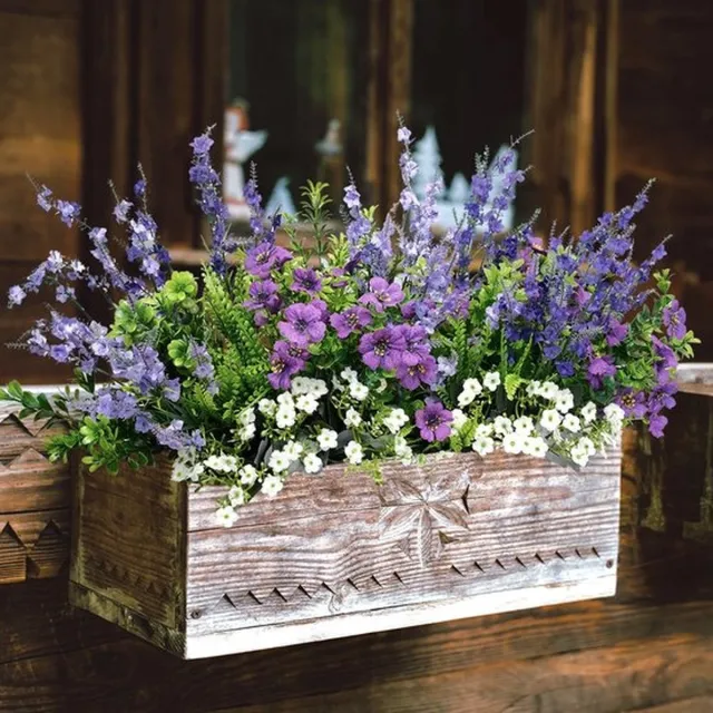 Flintry 18 stuks elegante lavendel- en gemengde bloemenkunstboeket voor buiten - UV-bestendig, kunstgroen voor tuin, veranda, vensterbank en boerderijdecoratie - levendig paars bloemstuk, tuindecoratie