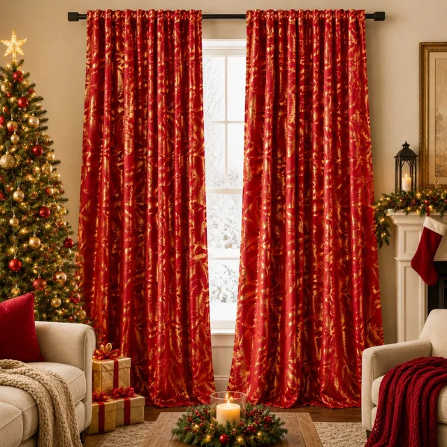 LAPAMAX Gordijn met Multifunctionele Ophangband en Goudkleurig Bladpatroon - Verduisterend Overgordijn van Zacht Velours - Kerstgordijn voor Woonkamer, Slaapkamer en Kerstdecoratie - Rood - 132 x 274 cm - 2 Stuks