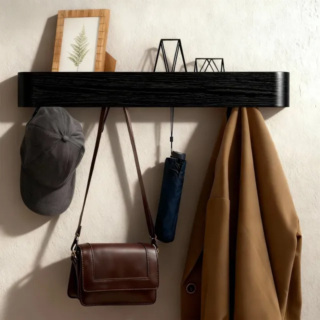 Soontrans Houten Wandgemonteerde Kapstok met Moderne Kapstok met Verborgen Wandhaken, 82 x 10 x 7,5 cm Wandkapstok, Minimalistische Stijl Voor Slaapkamers, Woonkamers en Gangen (Zwart) Zwart-82cm