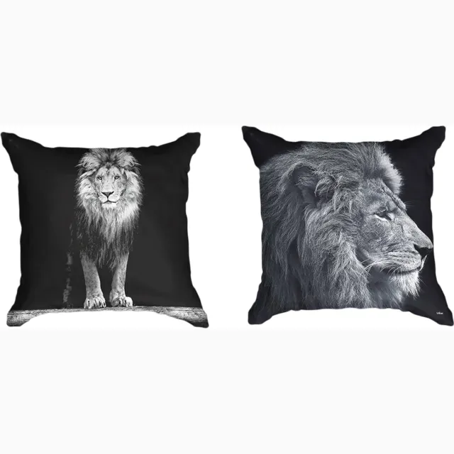 Ulticool Kussenhoes - Leeuw - Set van 2 Kussens - Exclusief Kussenvulling - Sierkussens 45x45 cm - Sierkussenhoes Accessoires Kussentjes Bank Decoratie Woonkamer Slaapkamer Zwart Wit Pikzwart