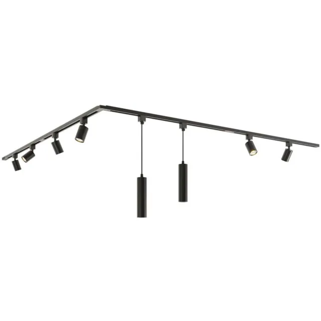 HOFTRONIC railverlichting pakket L-vorm – 4x 1 meter rail 6 railspots 2 hanglamp – dimbaar – aluminium zwart – IP20 – modulair – 230V – railverlichting woonkamer keuken
