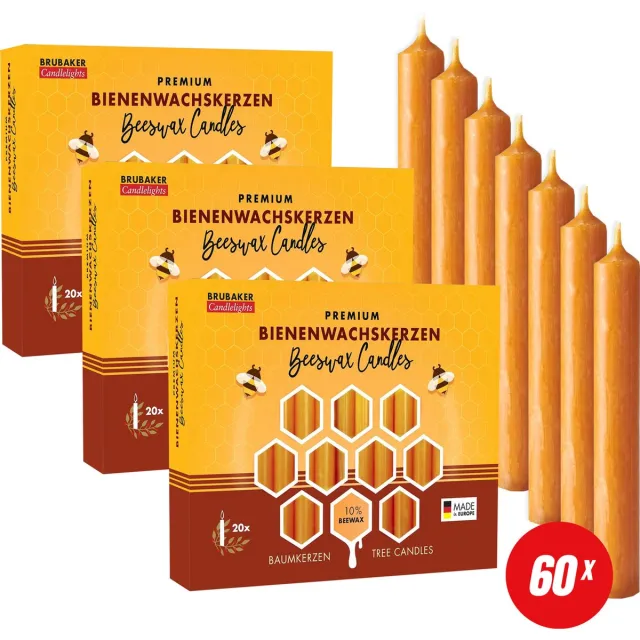 Brubaker 60 Stuks Boomkaarsen 10% Bijenwas - Kerstkaarsen - Piramidekaarsen - Kerstboomkaarsen - 95/12.5 mm – Kaarsen - Kaarsjes 60 stuks 10% Bijenwas