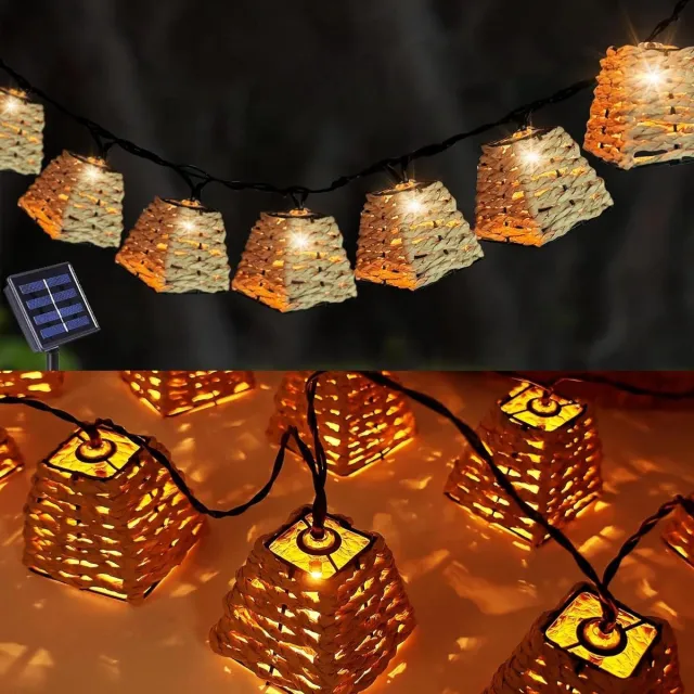 Provento Lichtsnoer op zonne-energie voor buiten, 10 leds, rotan bol lampions, led-lichtketting weerbestendig waterdicht tuin outdoor.
