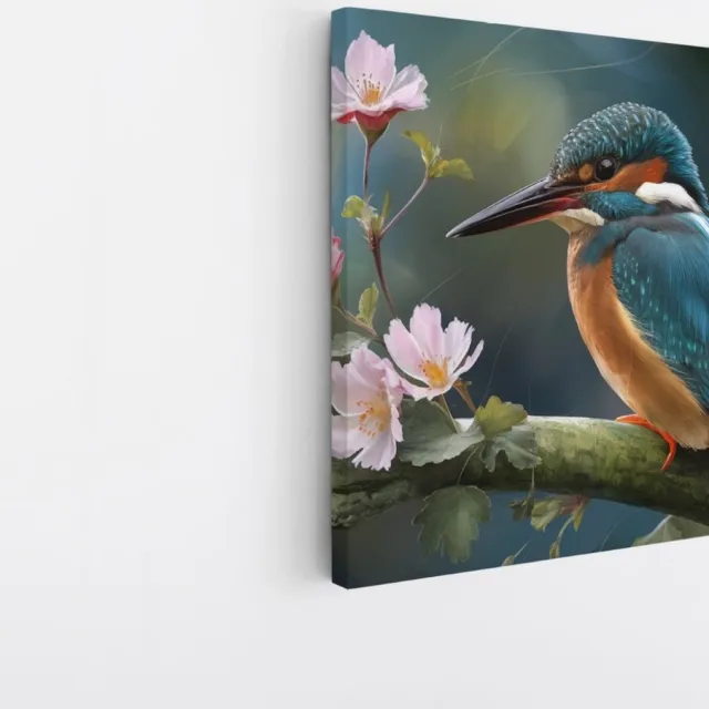Saammp Canvas Schilderij - Kingfisher met Bloesem - Natuur - Abstract - 30x30 - Foto op canvas - Wanddecoratie - Muurdecoratie Woonkamer - Kantoor Decoratie Multicolor