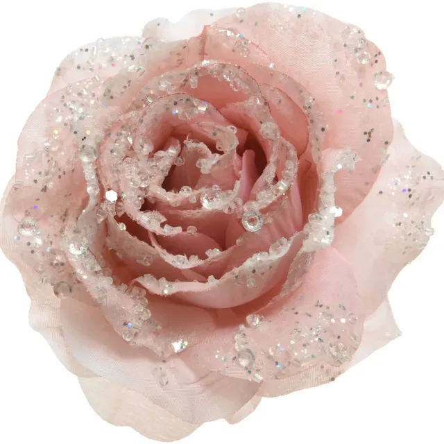 Decoris Kerst decoratie roos - op clip - poeder roze - D14 cm - kunststof - kerstbloem - bloemen - kerstboomversiering - kerstornamenten