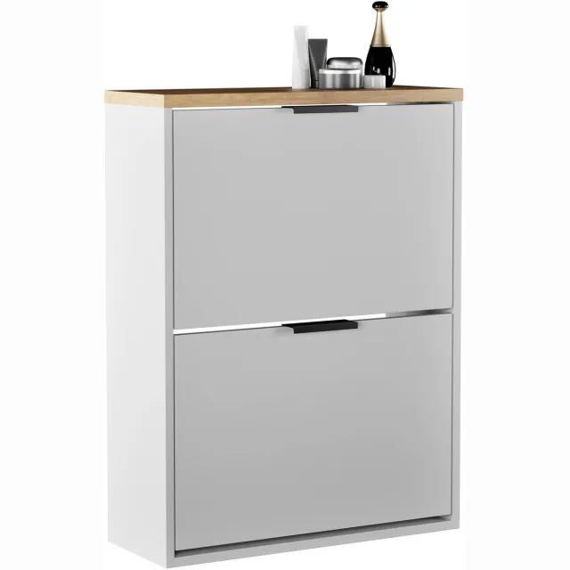 Planetmöbel STIVIO - Schoenenkast 60 cm - Wit grijs en goud eiken - Met 2 kleppen - Slechts 23 cm diep Wit / Goud eiken