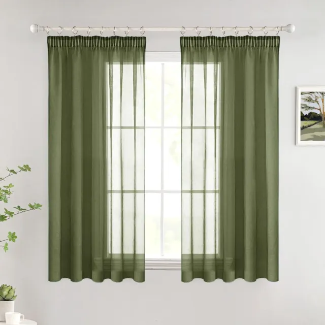 Unyqoos ® Transparante Olijfgroene Gordijnenset met Moderne Plooiband en Lussen voor Woon- en Slaapkamer 140 x 145 cm (b x h)
