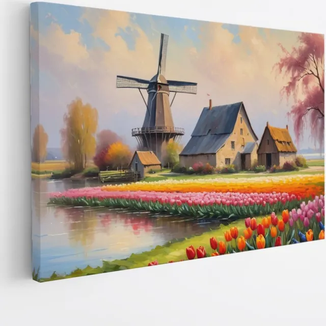 Saammp Canvas Schilderij - Landschap - Abstracte molen met tulpen - Natuur - 50x40 - Foto op canvas - Wanddecoratie - Muurdecoratie Woonkamer - Slaapkamer decoratie - Canvas Print Multicolor