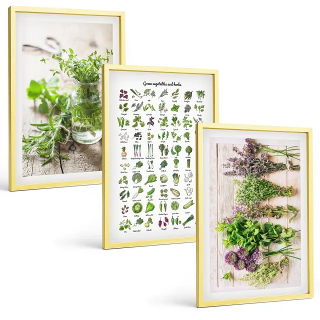 TULUP 4-Delige Schilderij Set - Lijst met gedroogde keukenkruiden - 40 x 60 cm - Schilderijen Set - Wanddecoratie - Woonkamer - Decoratieve Schilderijen Gouden lijst
