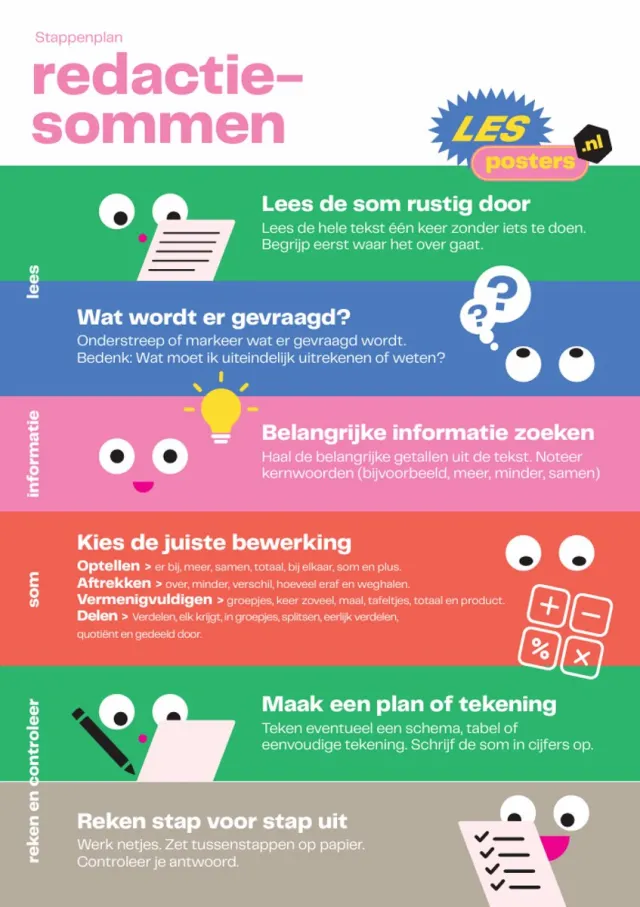 Lesposters.nl Redactiesommen Poster A1 – Verhaaltjessommen Rekenen Poster – Educatieve Schoolposter Basisschool Groep 6-8 Multi colour