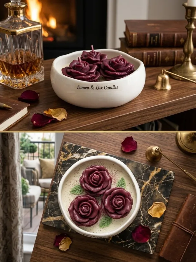 Lumen and Lux Candles Luxe rozenkaarsen in een elegante schaal – Handgemaakte decoratieve kaarsen – Bordeauxrood Ivoor, bordeaux