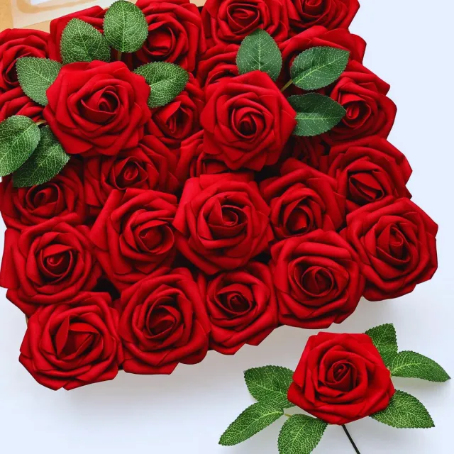 BOG 50 Stuks Donkerrode Kunstbloemen – Realistisch Aanraakschuim Neprozen Voor Bruiloft - Bruidsboeketten En Feestdecoratie Red