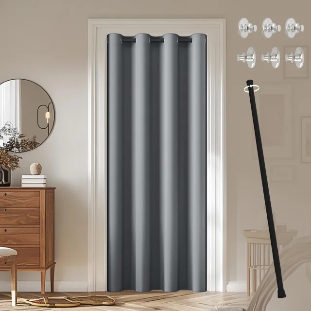 Famanu Deurgordijn met telescoopstang, warmte-isolerende verduisteringsgordijnen voor binnen, 132 x 195 cm, grijs, perfect voor slaapkamers, keukens en open kasten voor privacy en energiebesparing