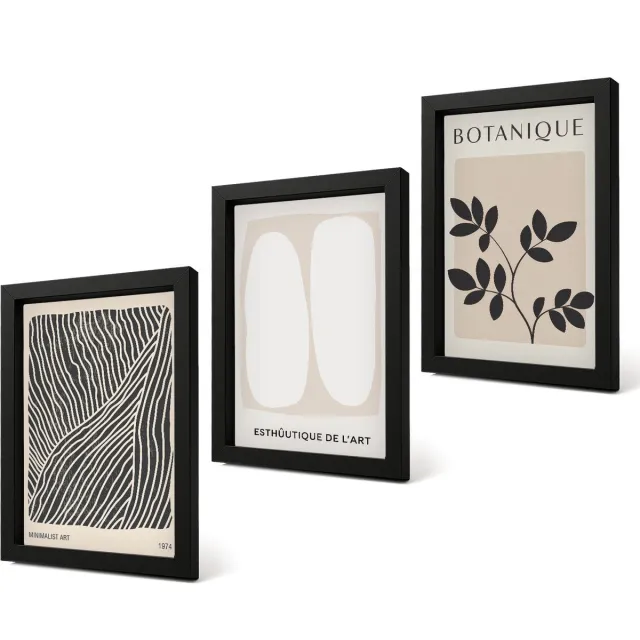 Coloray 4-Delige Schilderij Set - Bloemenpatronen en minimalistische lijnen in neutrale kleuren. - 20 x 30 cm - Decoratieve Schilderijen - Woonkamer - Interieur Zwarte lijst