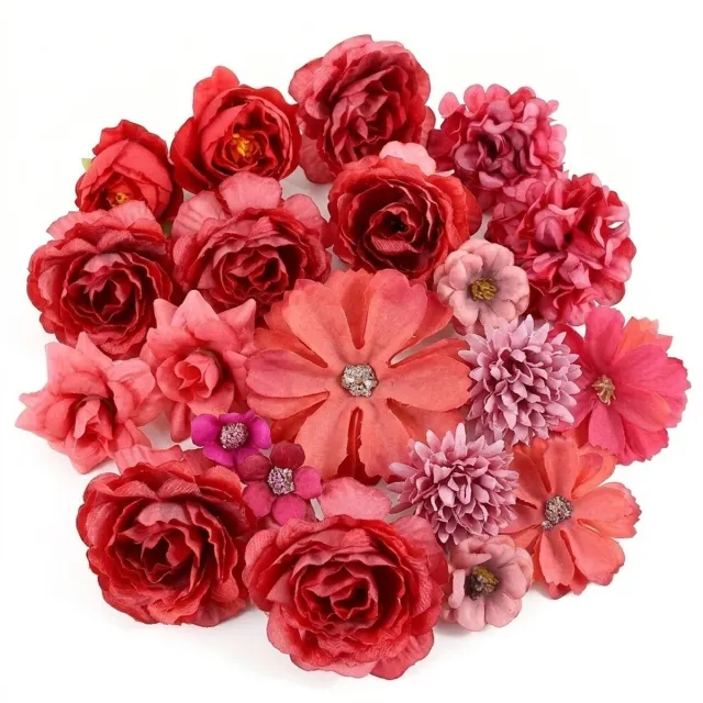 NUVEX Rood kunstbloemen set losse bloemen 20 stuks decoratie bloemenmix voor muur decoratie DIY knutselen en interieur styling Rood, Roze, Donkerrood