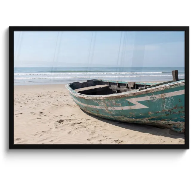 FrameYourWall Poster in lijst - Fotolijst 90x60 cm - Posters - Boot - Zandstrand - Zee - Posterlijst zwart - Decoratie - Wanddecoratie woonkamer - Muurdecoratie slaapkamer