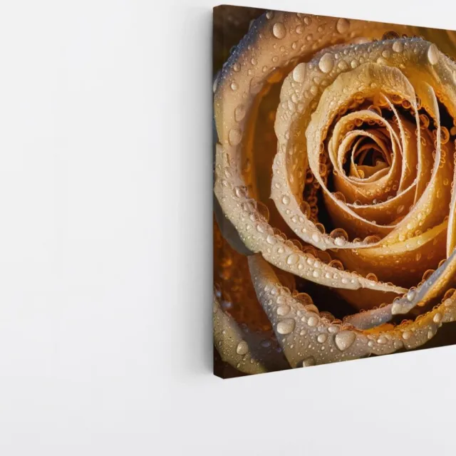 Saammp Canvas Schilderij - Gouden Roos Met Waterdruppels - Natuur - Abstract - 100x100 - Foto op canvas - Wanddecoratie - Muurdecoratie Woonkamer - Kantoor Decoratie Multicolor