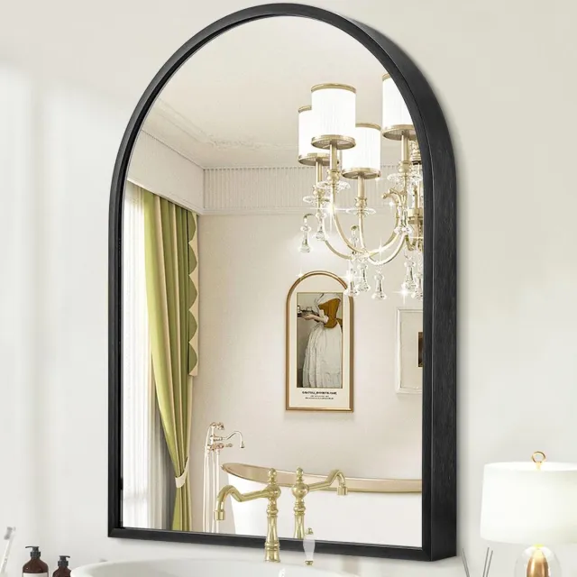 HLFMVWE Boogvormige wandspiegel, badkamerspiegel, zwarte spiegel met metalen frame, gebogen wandspiegel voor slaapkamer, hal, woonkamer, 65 x 45 cm