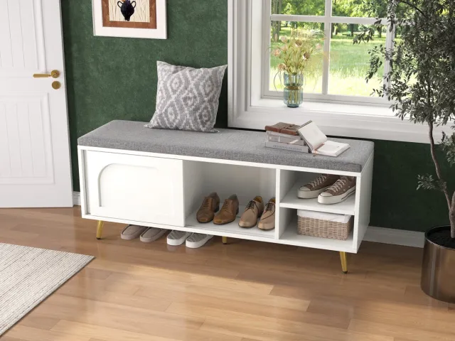 Zubaliya kast, schoenenrek met zitje, bank met kussen, schoenenkast met opbergruimte, kledingkastbank, wit, afmetingen: 121 cm (B) x 35 cm (D) x 49 cm (H).