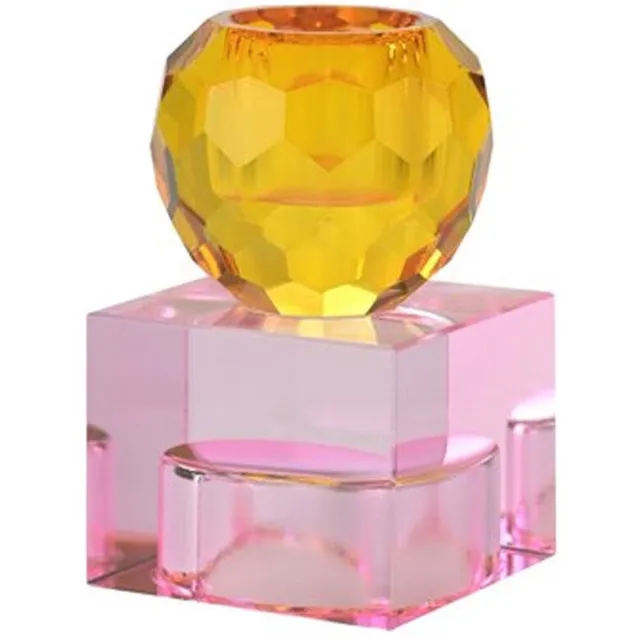 giftcompany Kleurrijke Glazen Kandelaar Sari - Cube - Geel - Roze - Licht Roze - Glas - Kristal - Geslepen - Waxinelichthouder