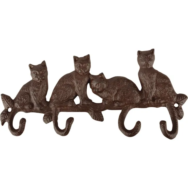 Esschert Design Wandkapstok Kat - gietijzer - kapstok wandrekje - 4-haaks - 29 cm - bruin - poes