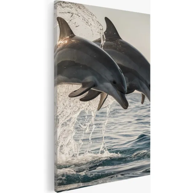 Saammp Canvas Schilderij - 2 Dolfijnen - Dieren - Landschap - Natuur - 100x150 - Foto op canvas - Wanddecoratie - Muurdecoratie Woonkamer - Slaapkamer decoratie - Canvas Print Multicolor