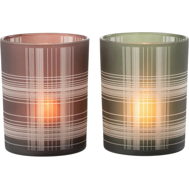 J-Line windlicht Geruit - glas - bruin/groen - medium - 2 stuks Bruin - Groen