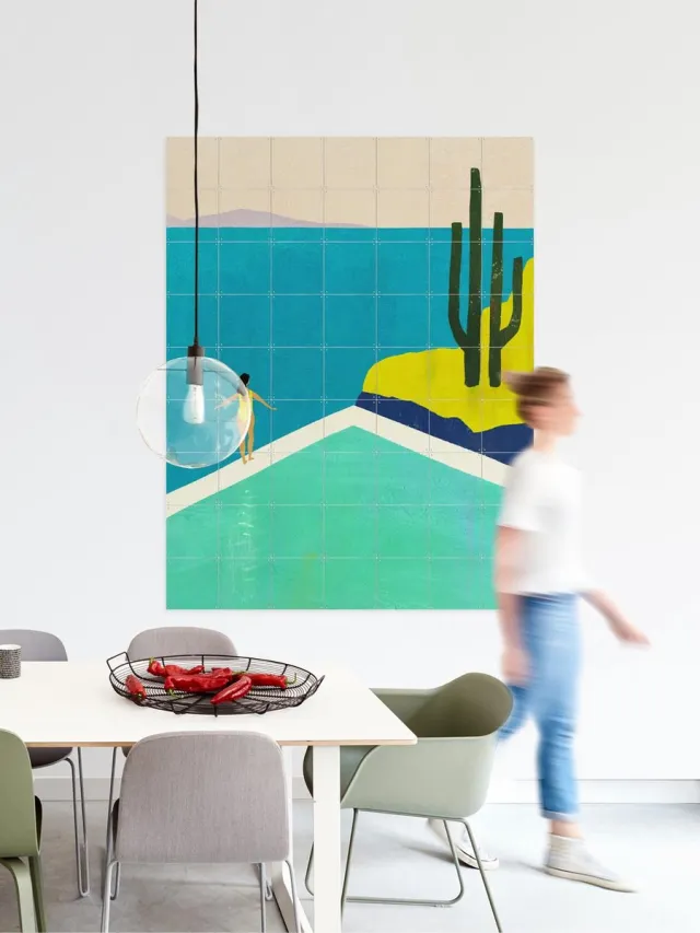 IXXI Swimming Pool III, Henry Rivers - 80 x 100 cm - Grote wanddecoratie en posters - Kleurrijk, Minimalisme, Speels, Grafisch Ontwerp, Illustraties Blauw / Geel / Groen