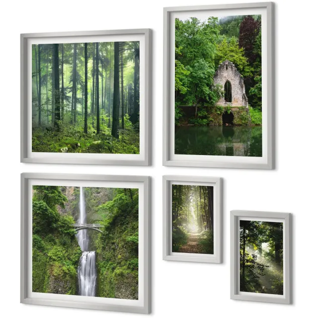 Coloray 5-Delige Schilderij Set - Groene Bossen Met Zonnestralen En Een Bospad - 20 x 30 cm - Muurdecoratie - Interieur Decoratie - Decoratieve Schilderijen Zilveren lijst