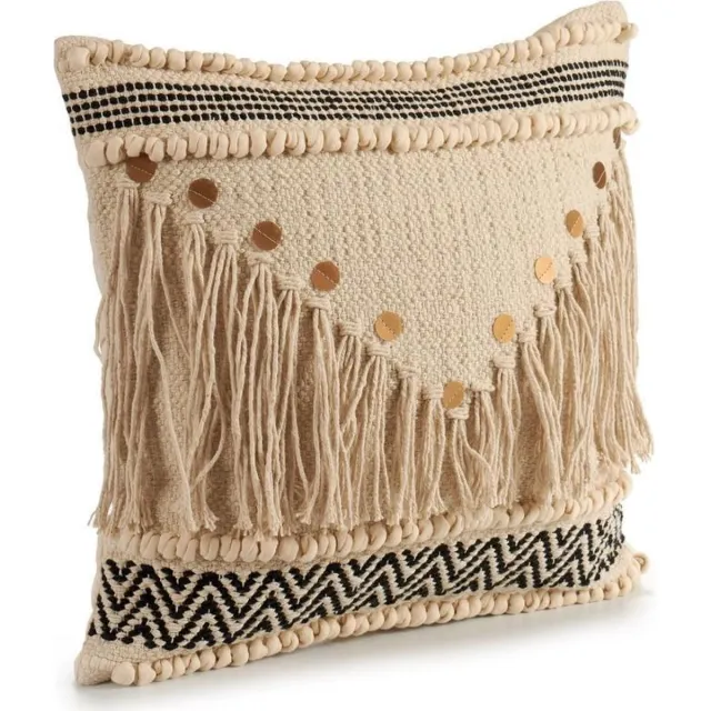 Tu Tendencia Unica Decoratief beige gebreid kussen met katoenen motieven in beige en zwart met pailletten en franjes. Afmetingen 45x15x45 cm
