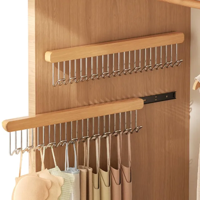 OUTARO kapstok-Set van 2 kledingroedes 41,1cm – Uitschuifbaar – 12 Metalen Haken – Riem/Stropdas/Bh Organizer-Belle's product wooden
