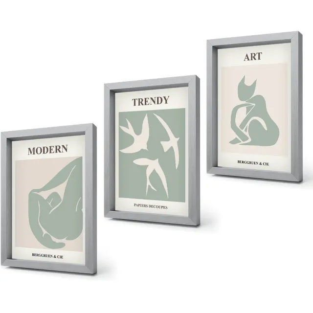 Coloray 4-Delige Schilderij Set - Abstracte figuren van Henri Matisse in ingetogen kleuren. - 20 x 30 cm - Moderne Wanddecoratie - Woonkamer - Woonkamer Decoratie Zilveren lijst