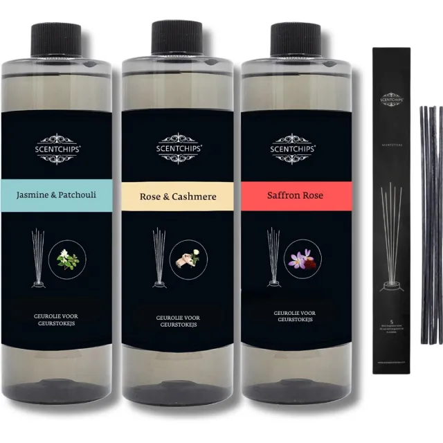 Scentchips Navulling Jasmine & Patchouli + Rose & Cashmere + Saffron Rose + Geurstokjes - Geurstokjes Navulling Set van 3 + 5 Geurstokjes - Geurverspreider - Luchtverfrisser - Huisparfum - 400ml x 3